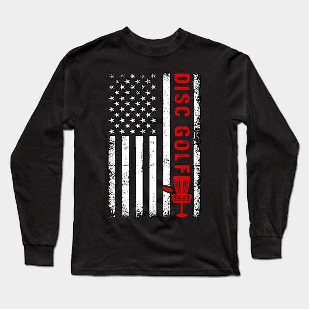 Funny Disc Golf Player USA American Flag Long Sleeve T-Shirt by Visual Vibes